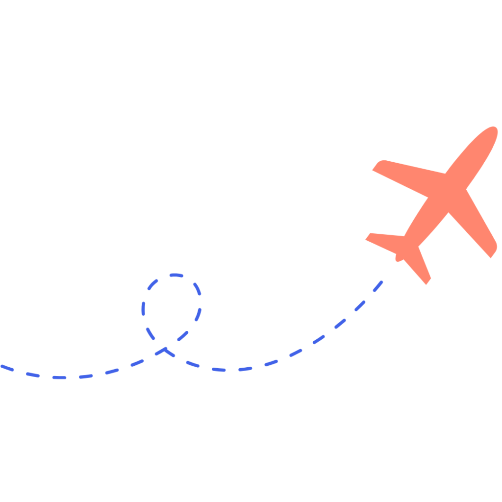 An illustration of a colored colored airplane with dashed blue lines coming from the tail end to represent movement.